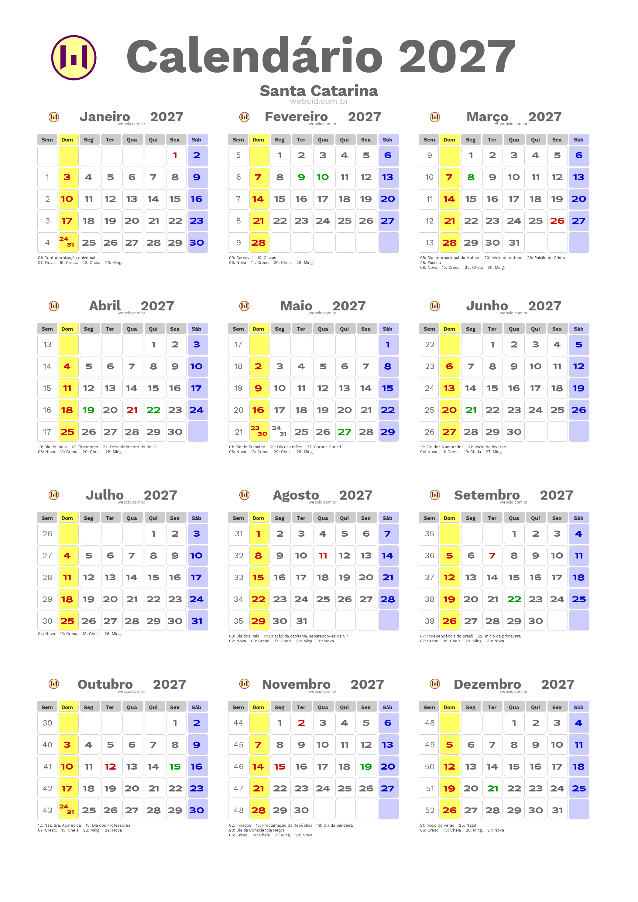 Calendário 2027 - Santa Catarina com feriados e fases da lua