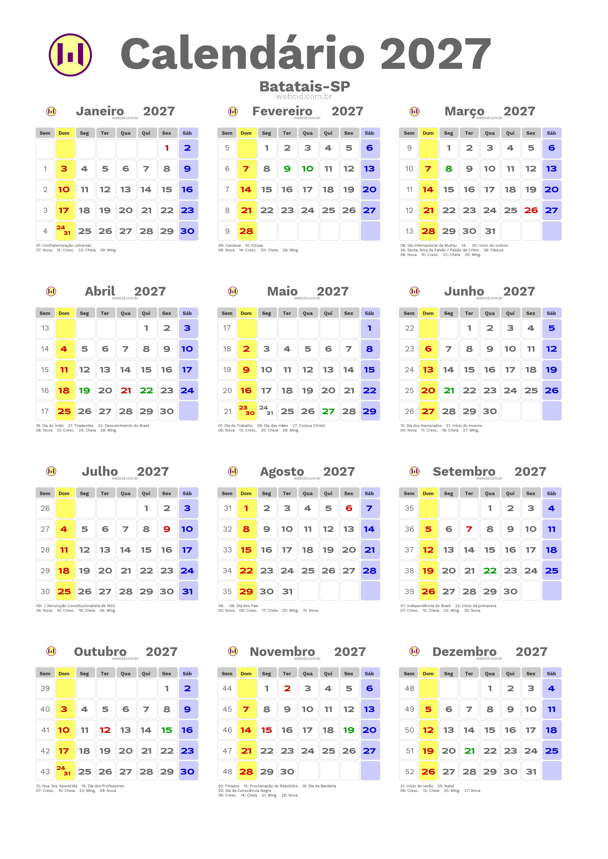 Calendário 2027 - Batatais-SP com feriados e fases da lua