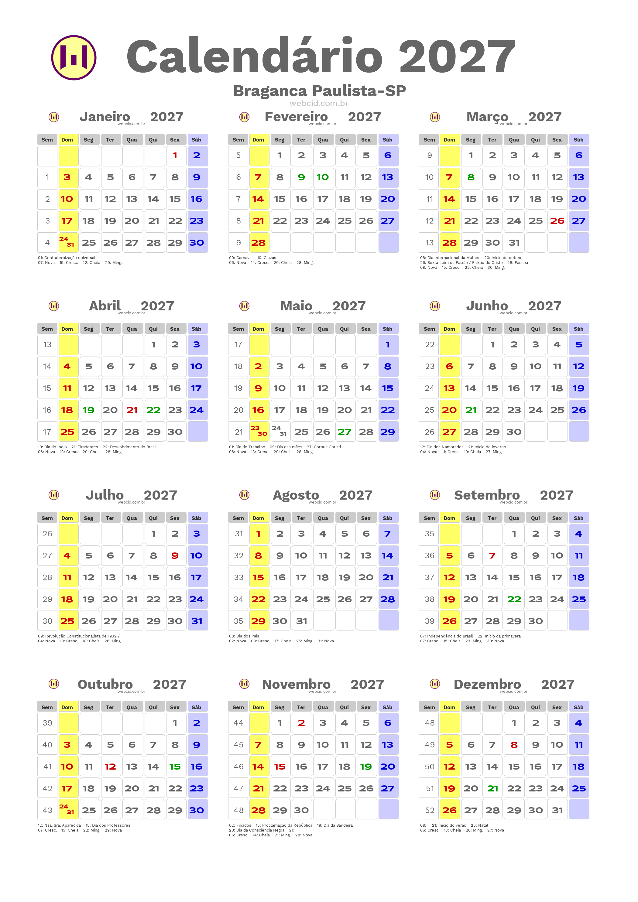 Calendário 2027 - Braganca Paulista-SP com feriados e fases da lua