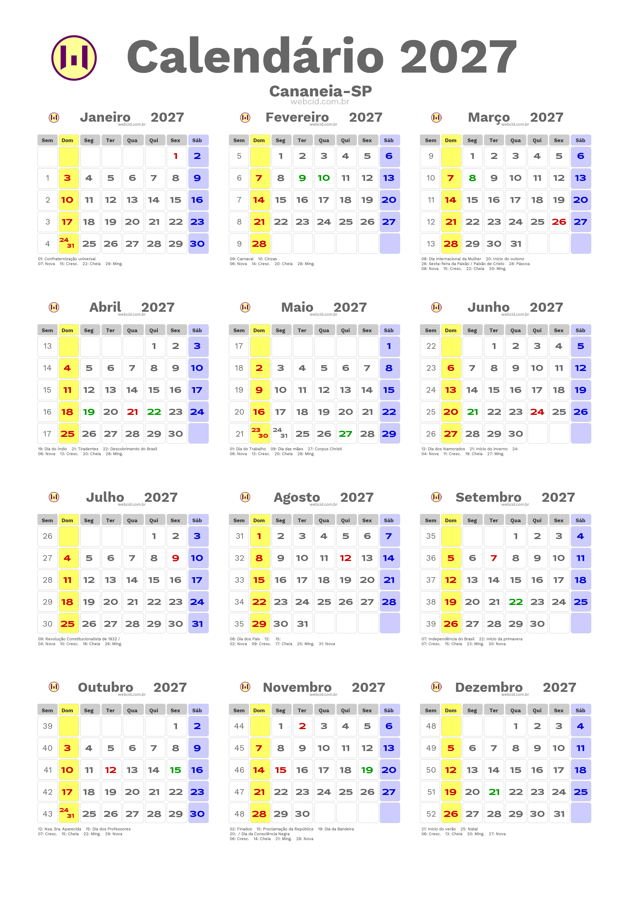 Calendário 2027 - Cananeia-SP com feriados e fases da lua