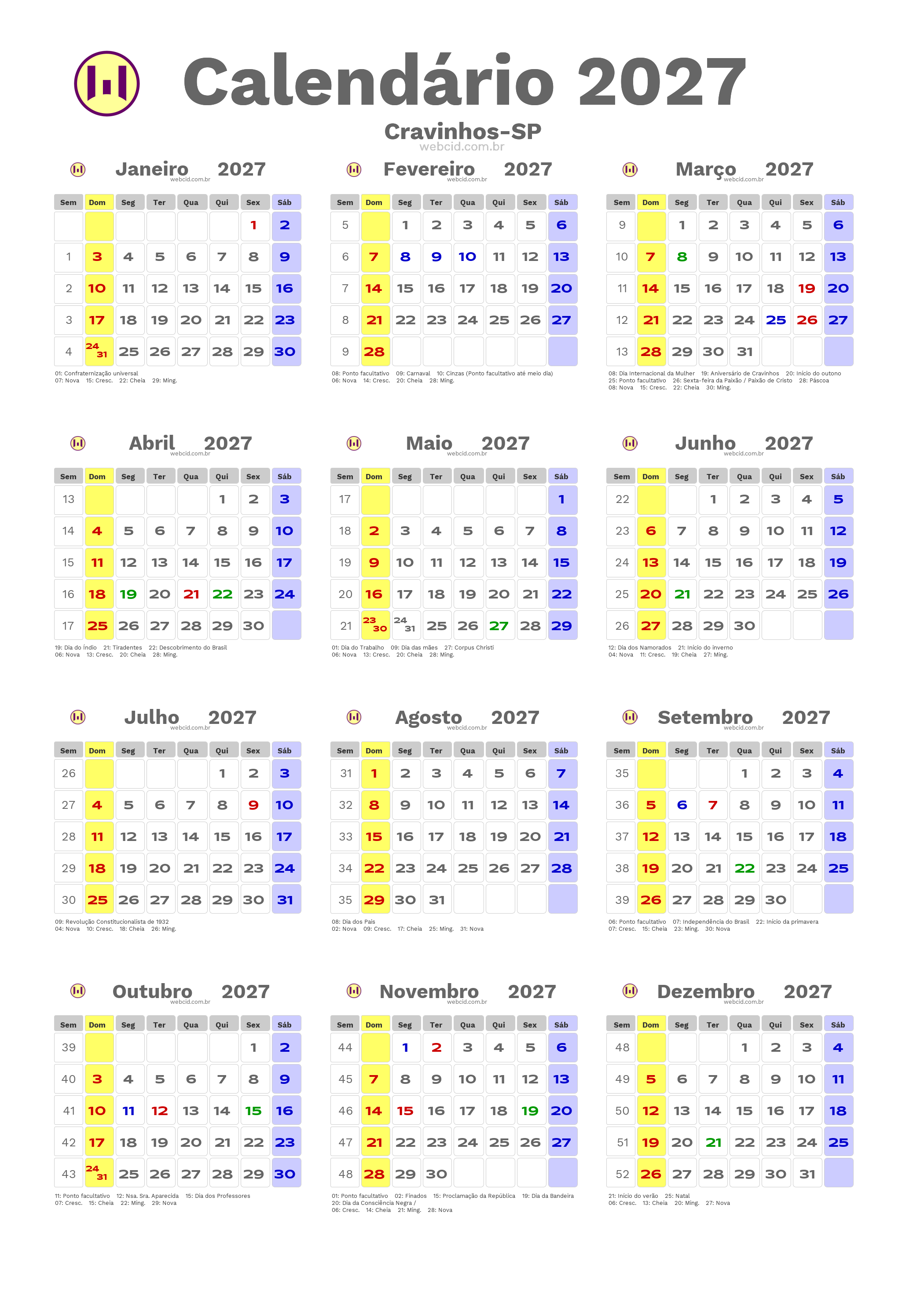 Calendário 2027 - Cravinhos-SP com feriados e fases da lua