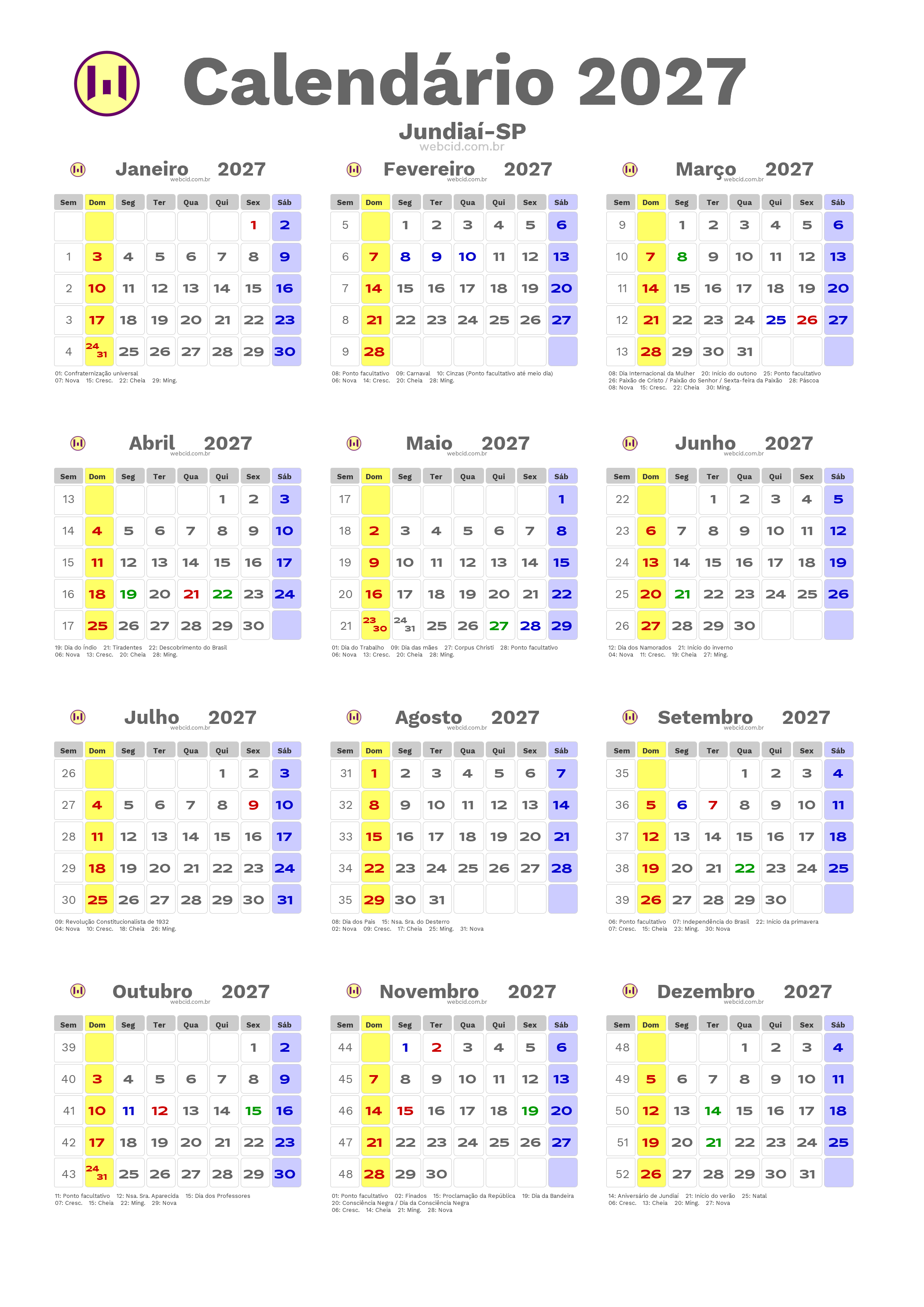 Calendário 2027 - Jundiaí-SP com feriados e fases da lua