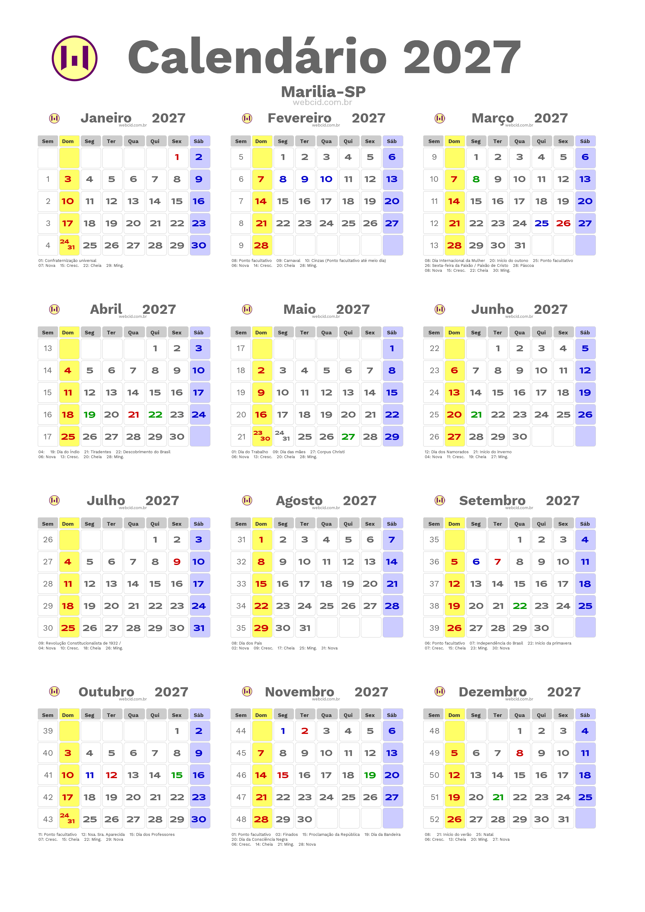 Calendário 2027 - Marilia-SP com feriados e fases da lua