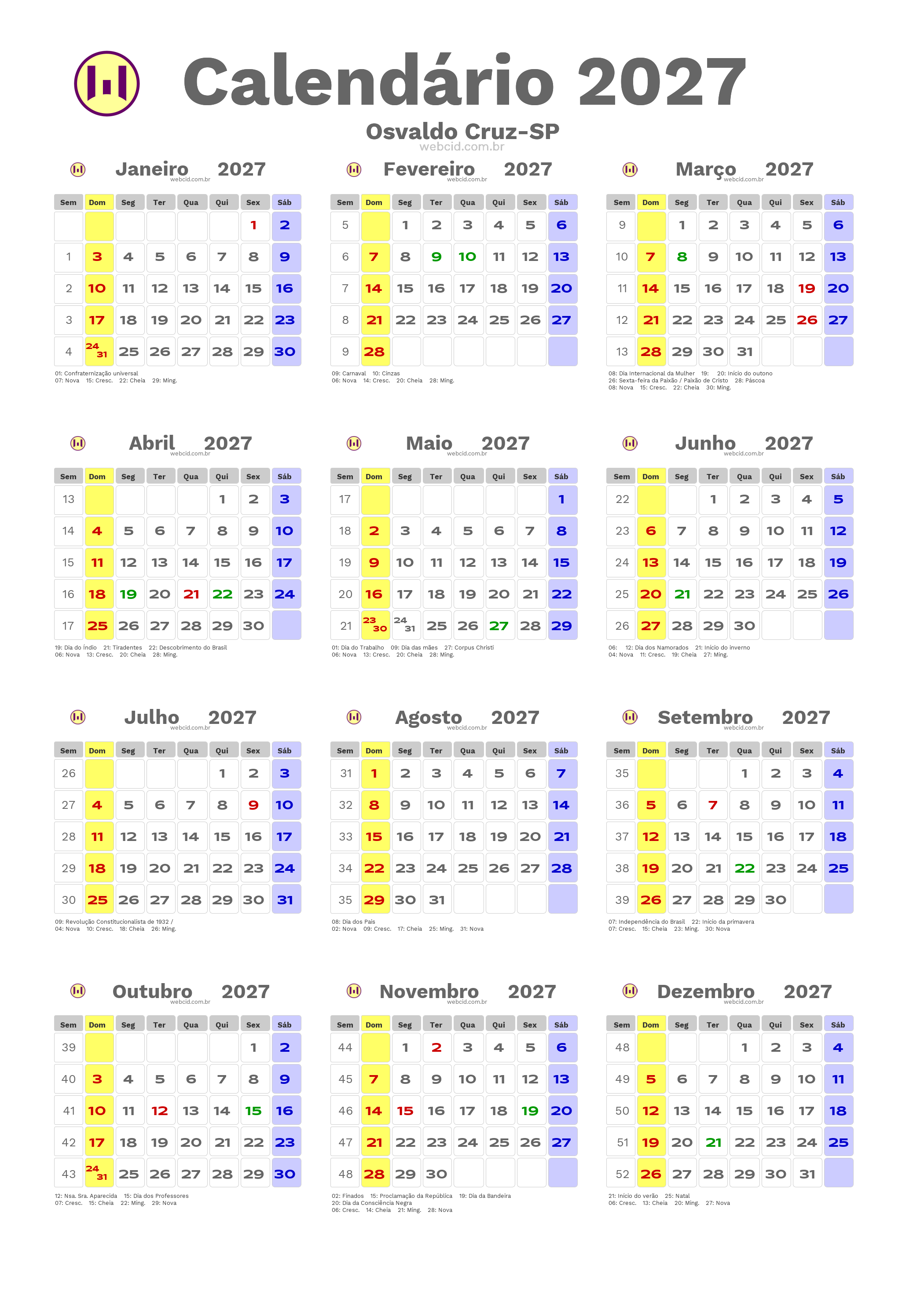Calendário 2027 - Osvaldo Cruz-SP com feriados e fases da lua