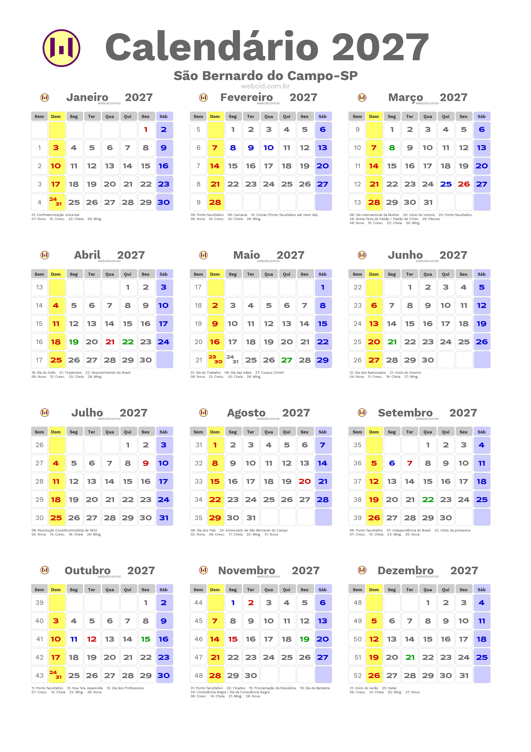 Calendário 2027 - São Bernardo do Campo-SP com feriados e fases da lua