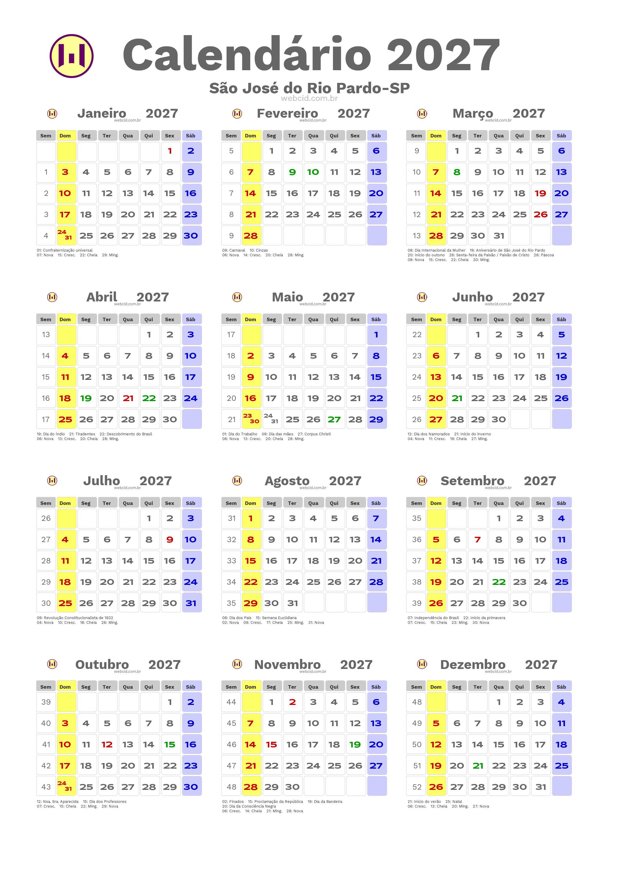 Calendário 2027 - São José do Rio Pardo-SP com feriados e fases da lua