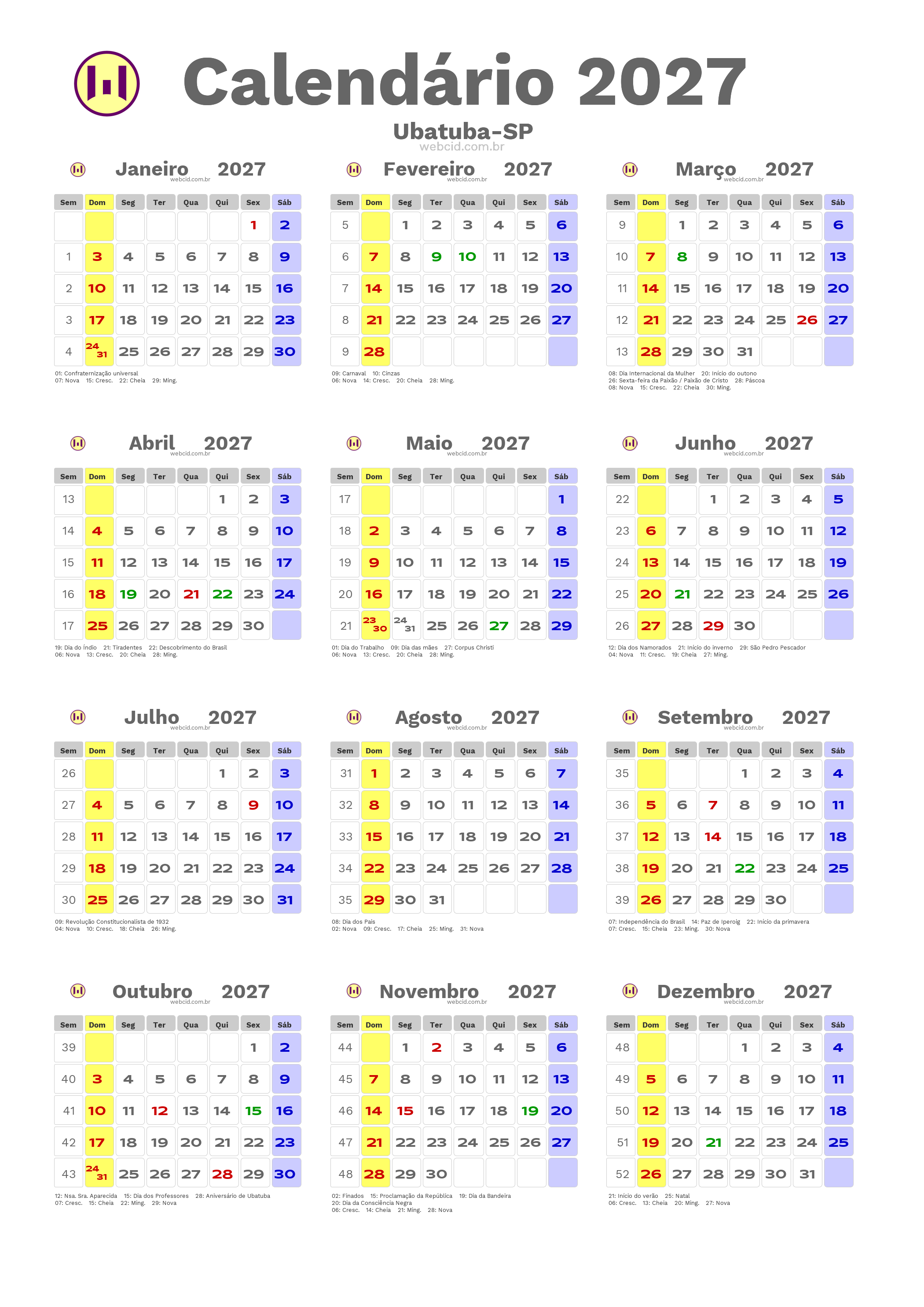 Calendário 2027 - Ubatuba-SP com feriados e fases da lua