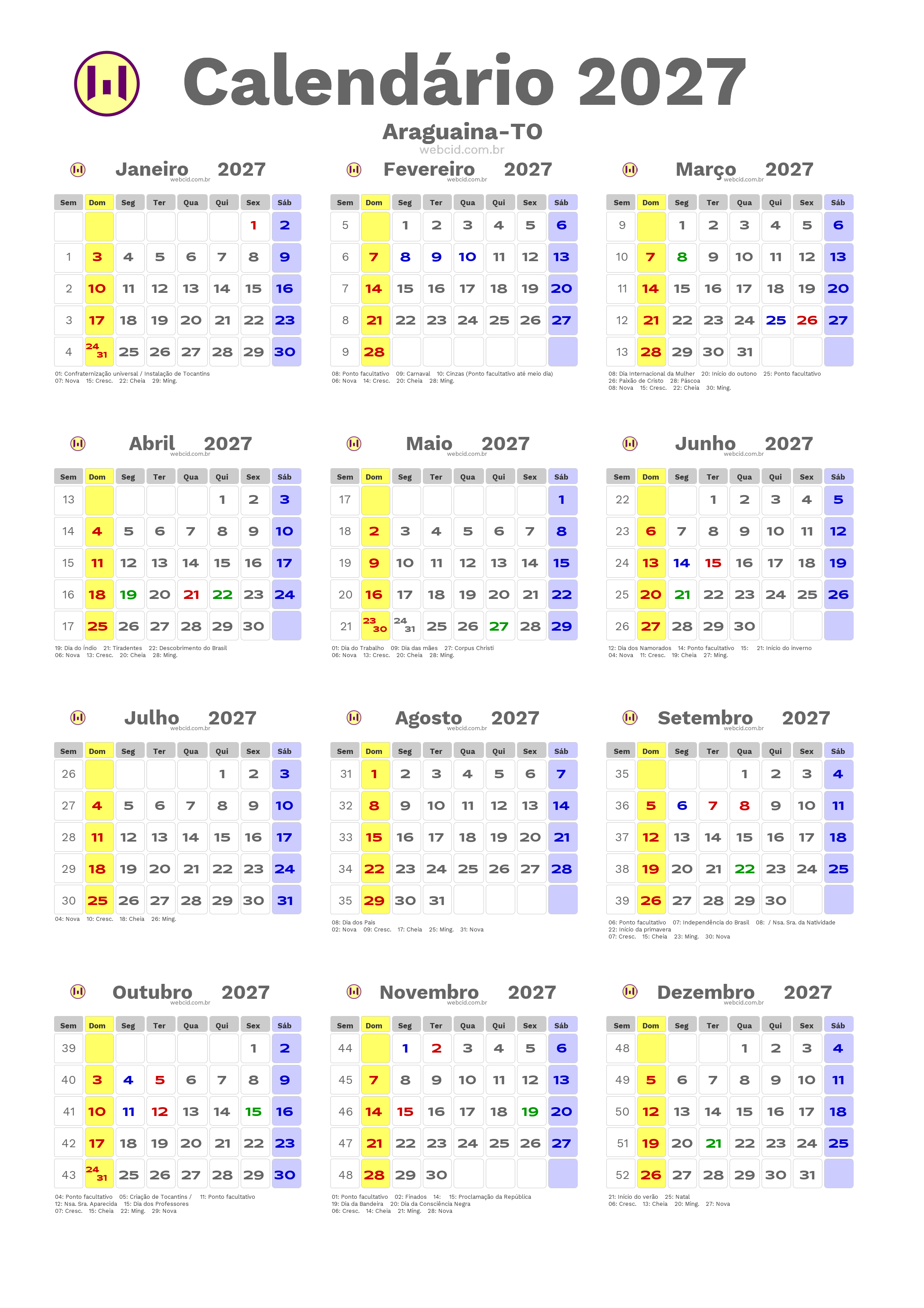Calendário 2027 - Araguaina-TO com feriados e fases da lua