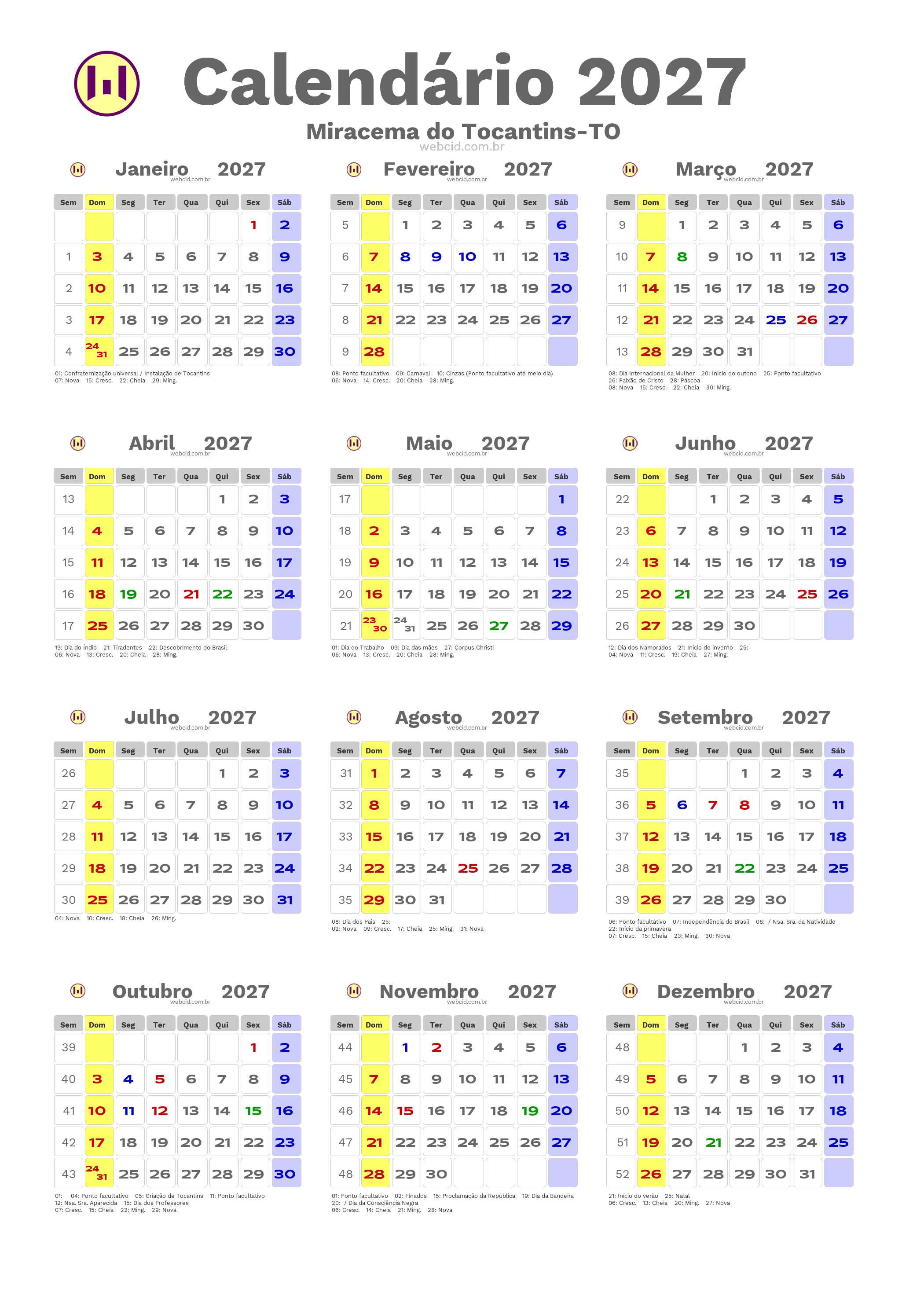 Calendário 2027 - Miracema do Tocantins-TO com feriados e fases da lua