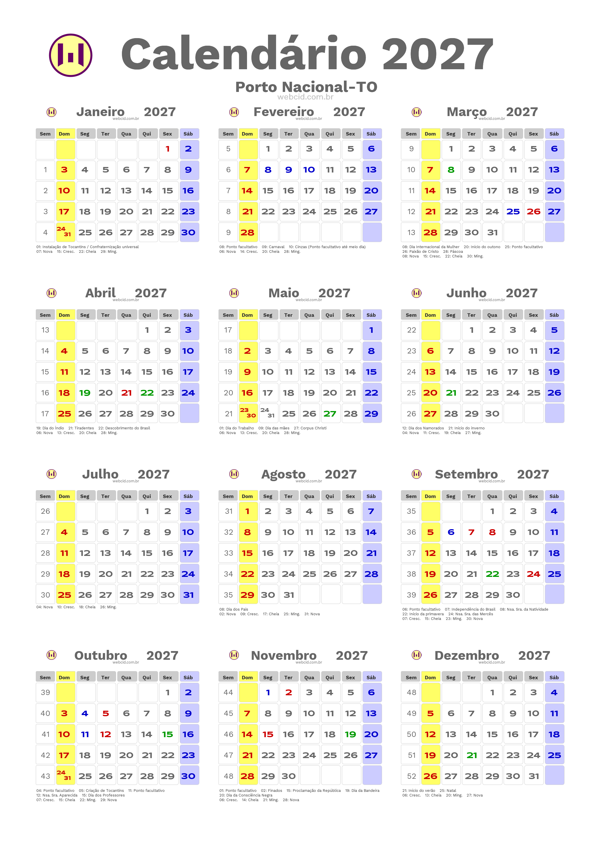 Calendário 2027 - Porto Nacional-TO com feriados e fases da lua